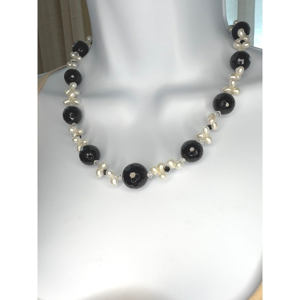 Beaded Necklace Black White Pearl Onyx Style Faceted Crystal